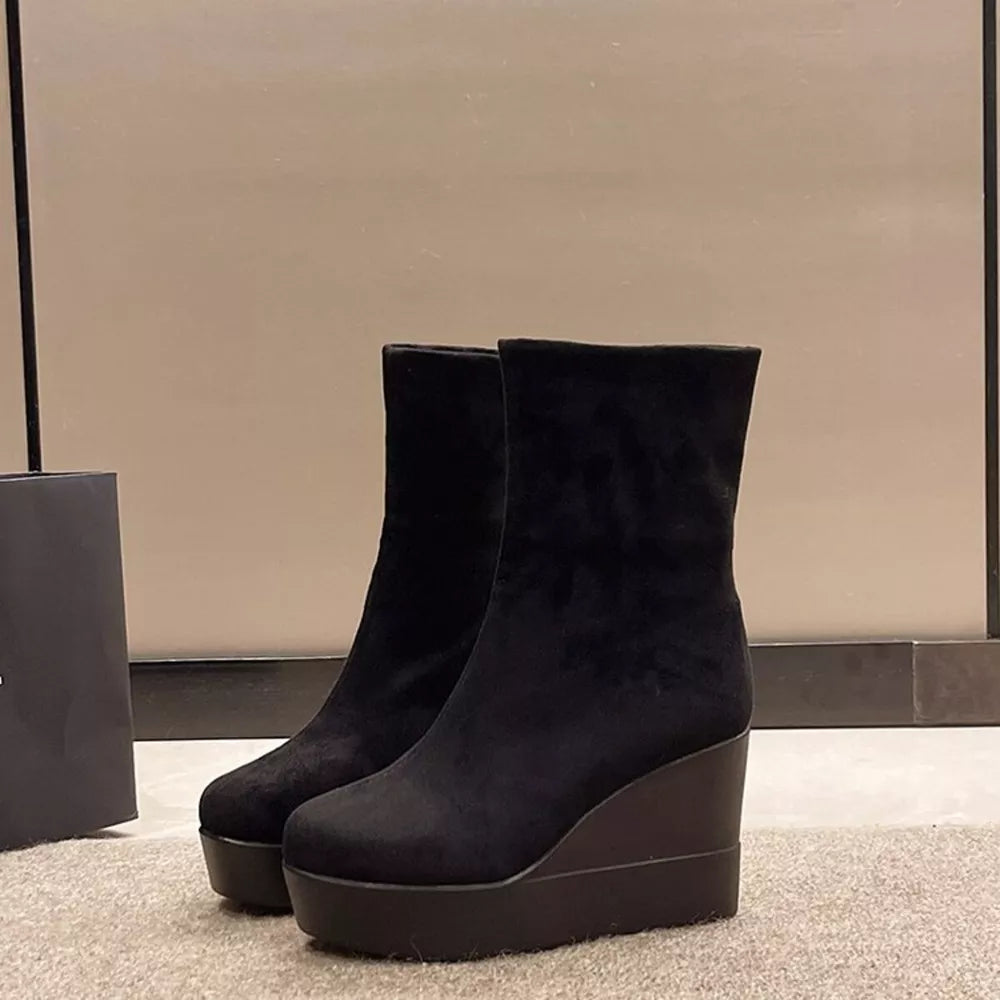 Black suede wedge boots with platform and round toe