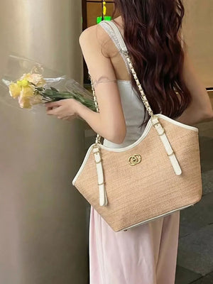 Contrast Trim Adjustable Strap Shoulder Bag in Tan, back view
