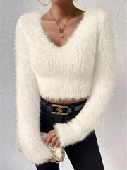 White fluffy V-neck knit sweater with long sleeves and a cropped fit.
