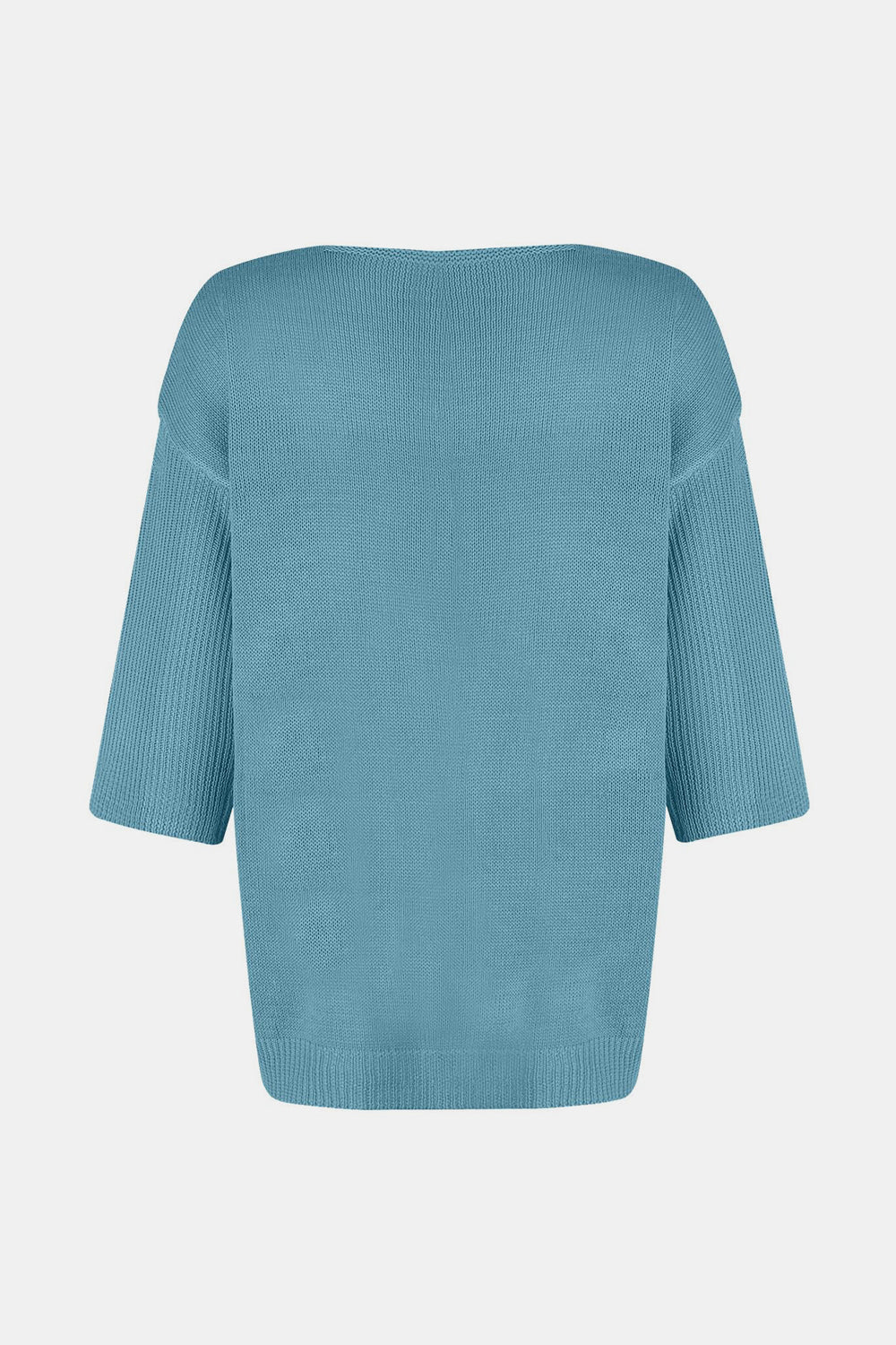 Pastel Blue V-neck knit sweater with flared sleeves and ribbed cuffs.