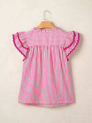 Shirred yoke ruffled sleeve blouse with pink and white stripes and scalloped trim.