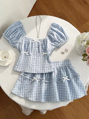 Plaid Puff Sleeve Blouse And Skirt Set, back view