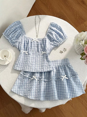 Plaid Puff Sleeve Blouse And Skirt Set, back view