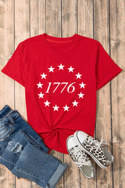 Red graphic t-shirt with white 1776 starburst design, crew neck, short sleeves.