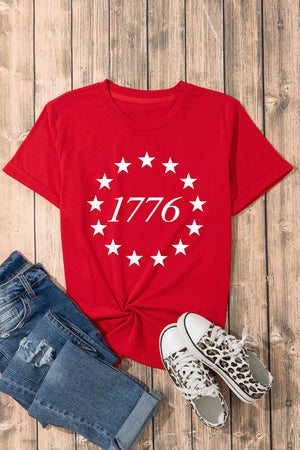 Red graphic t-shirt with white 1776 starburst design, crew neck, short sleeves.
