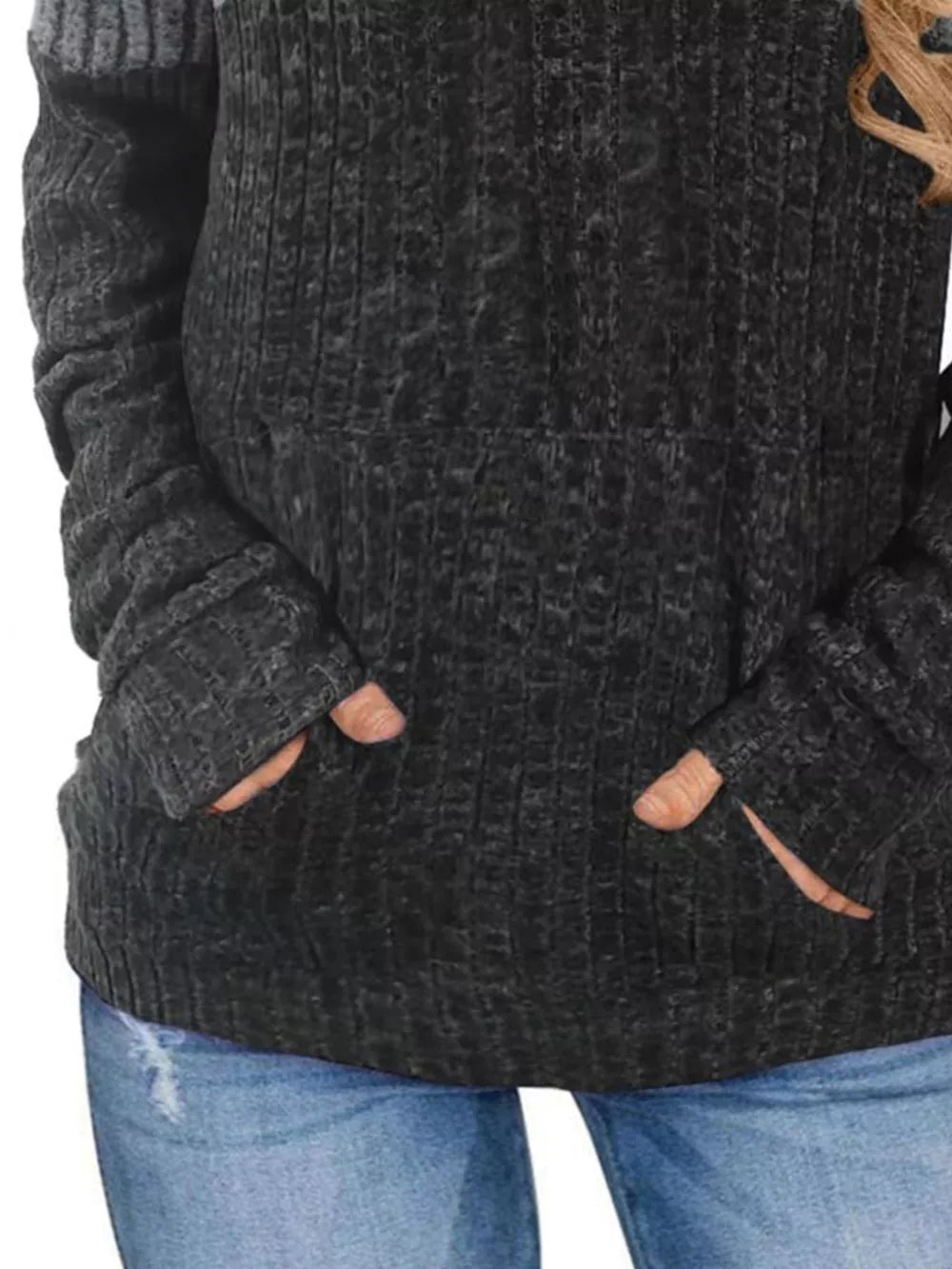 Gray ribbed knit sweatshirt with color block detail and thumbholes, women's casual activewear.