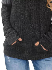 Gray ribbed knit sweatshirt with color block detail and thumbholes, women's casual activewear.