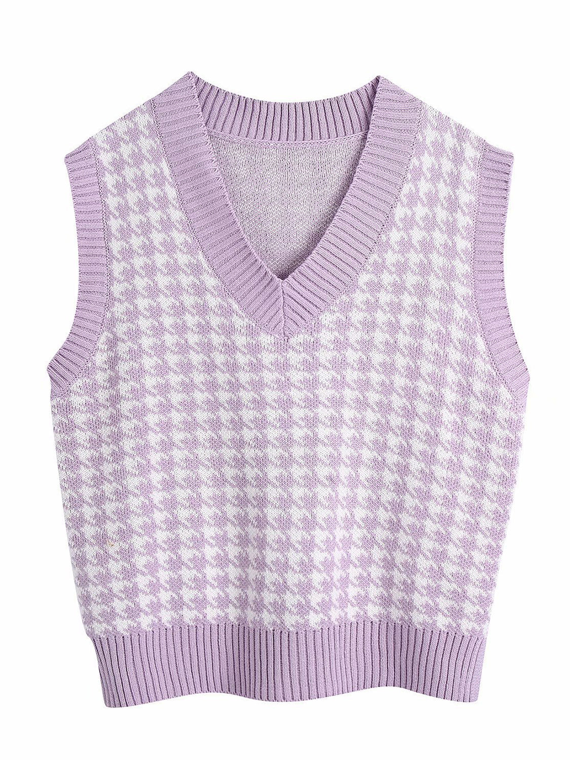 Houndstooth knit V-neck tank top in lavender and white with ribbed trim.