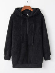 Black cozy half-zip fleece hoodie with drawstring and ribbed cuffs.