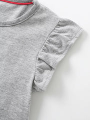 Grey cotton t-shirt with ruffled short sleeves and red trim neckline.