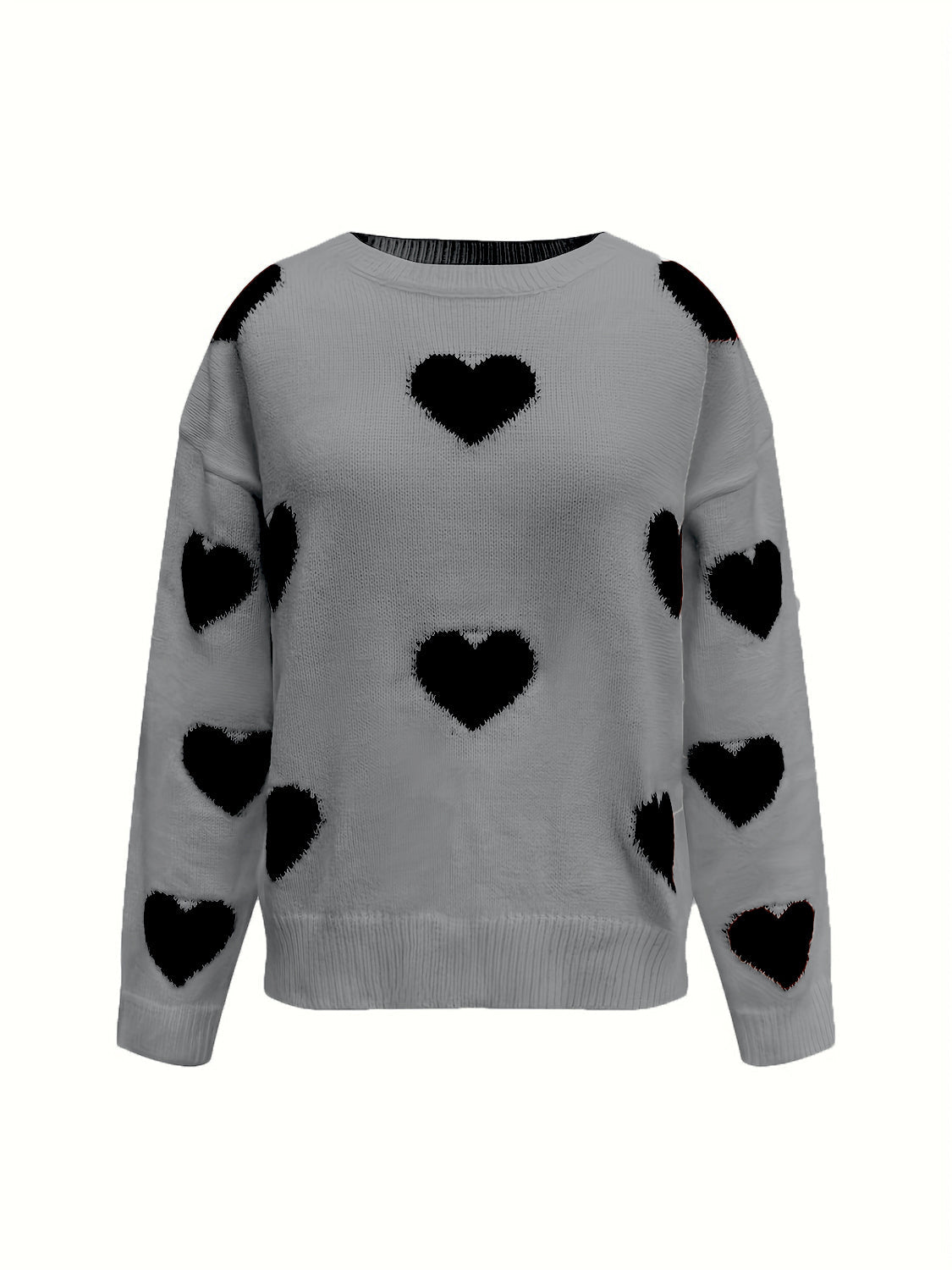 Gray oversized knit crewneck sweater with black heart pattern and drop sleeves