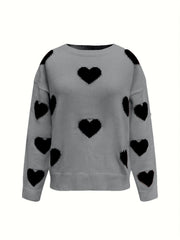 Gray oversized knit crewneck sweater with black heart pattern and drop sleeves