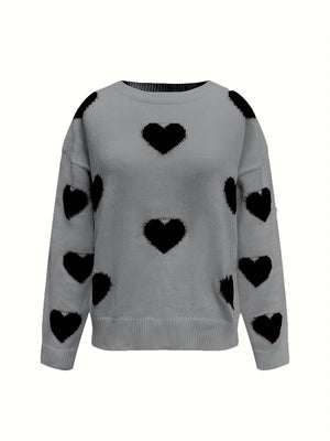 Gray oversized knit crewneck sweater with black heart pattern and drop sleeves