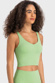 Light Green Sculpted Scoop Neck Crop Top with a V-neckline and racerback straps.
