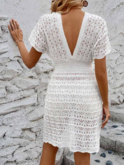 White openwork knit beach mini dress with V-neck and short sleeves.