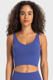 Sculpted Scoop Neck Crop Top in Cobalt Blue with a V-neck and sleeveless design.