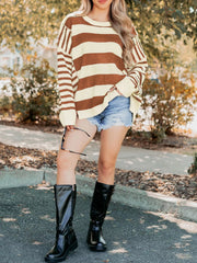 Patchwork drop shoulder sweater in caramel and cream stripes, acrylic fabric, baggy style.
