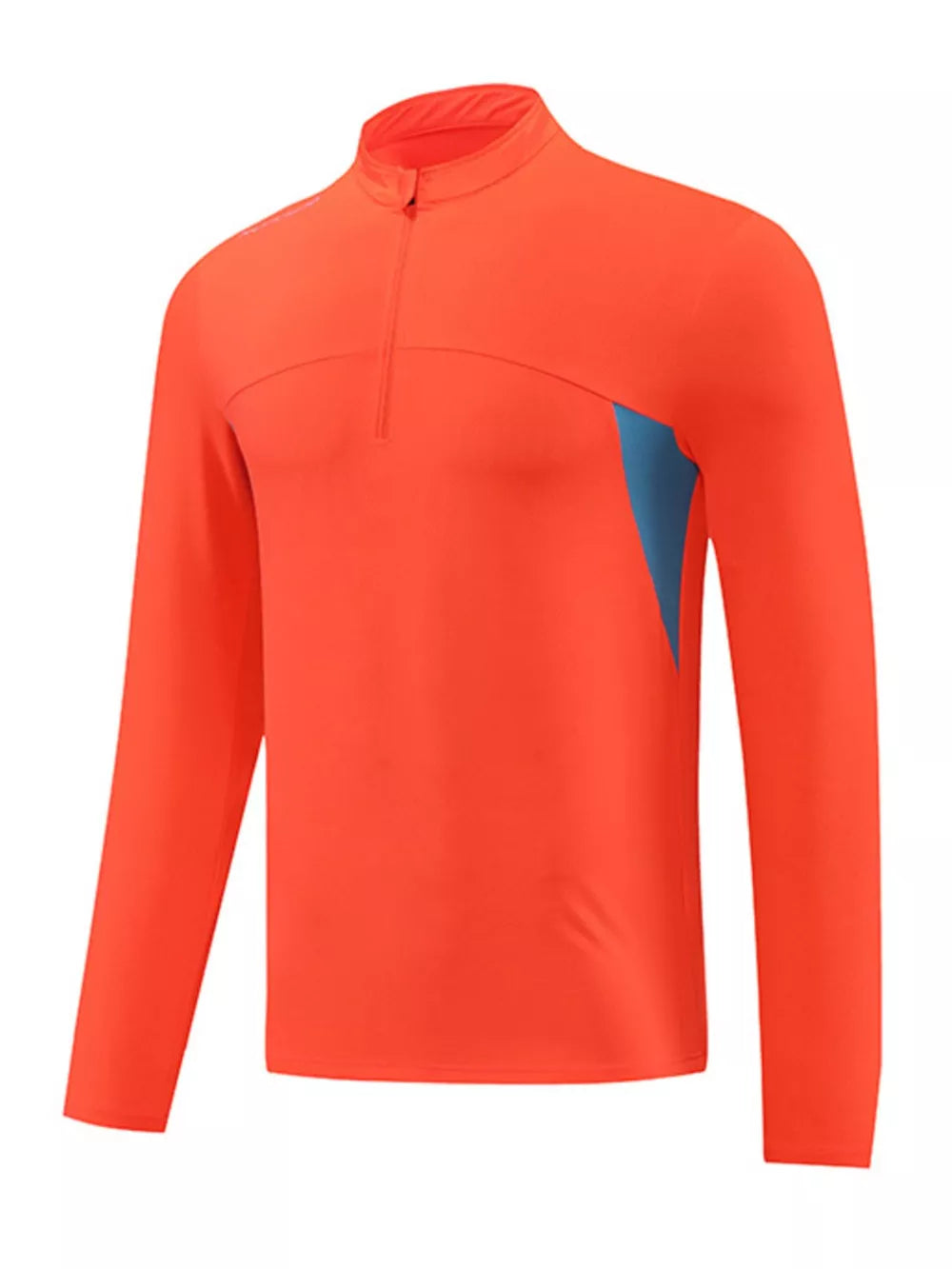 Men's orange activewear tee with quarter zip and blue side panels
