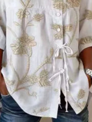 Embroidered Floral Tie Front Shirt Plus Size in Blue, product detail