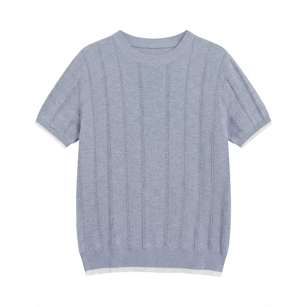 Blue knit t-shirt with crew neck, short sleeves, and contrast white trim.