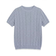 Blue knit t-shirt with crew neck, short sleeves, and contrast white trim.
