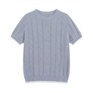 Blue knit t-shirt with crew neck, short sleeves, and contrast white trim.