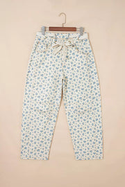 Grommet Knot Waist Floral Barrel Leg Jeans, close-up detail