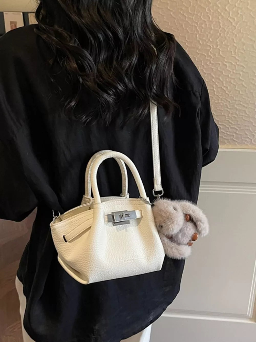 Top Handle Leather Crossbody Bag in Black, fabric detail