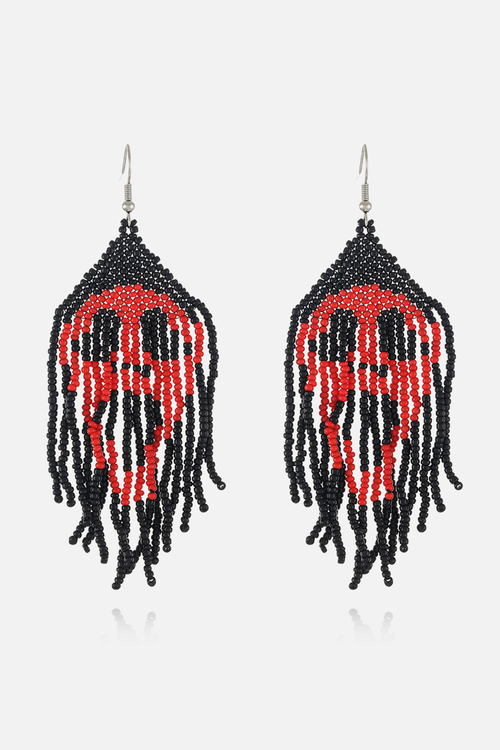 Beaded skull fringe earrings in black and red, featuring a bold skull design.