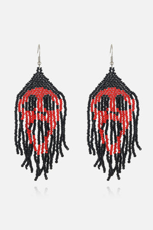 Beaded skull fringe earrings in black and red, featuring a bold skull design.