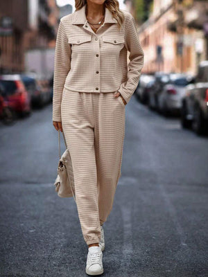 Quilted co-ord set in tan, featuring a collared jacket with button closure and jogger pants.