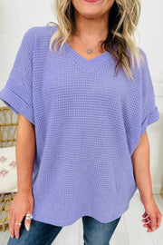Relaxed V-neck waffle knit t-shirt in Blue Purple with cuffed short sleeves.