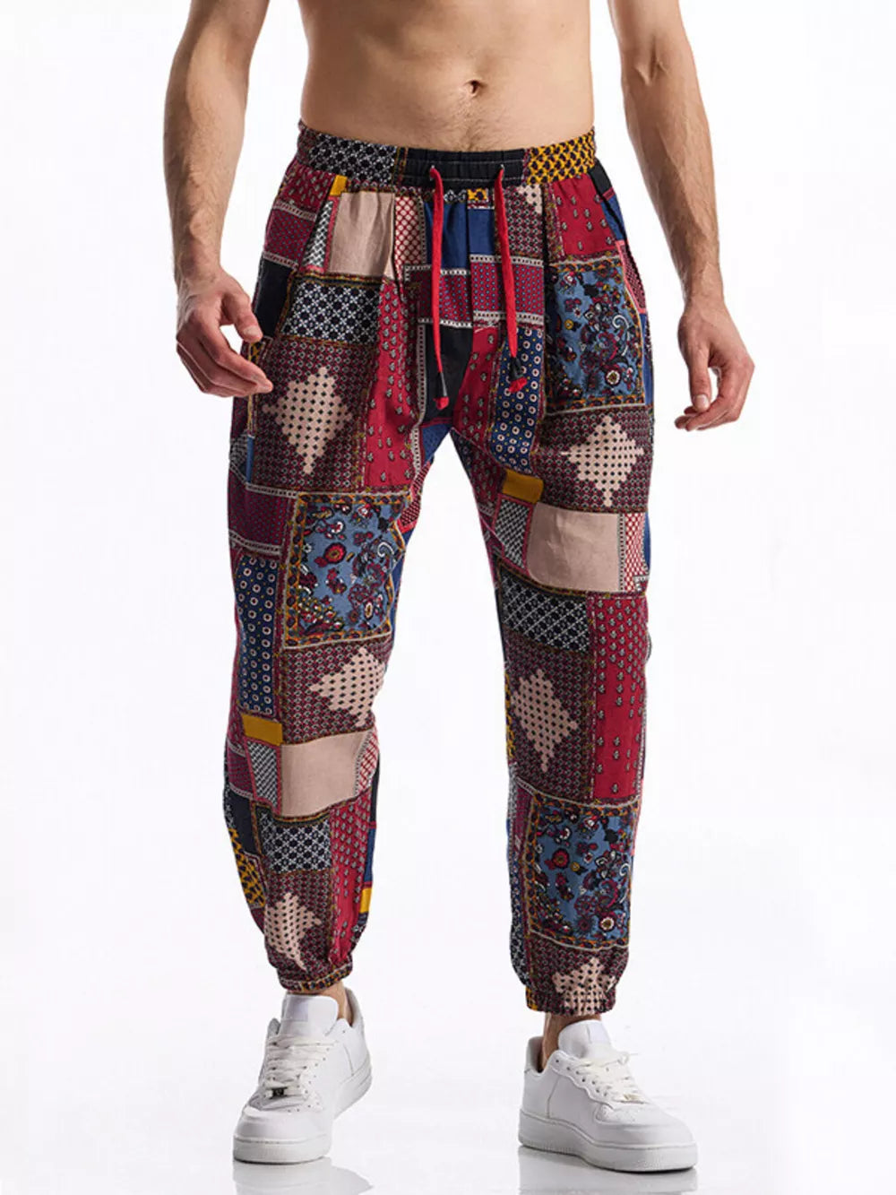 Men's Full Size Printed Drawstring Casual Pants in Chocolate, front view