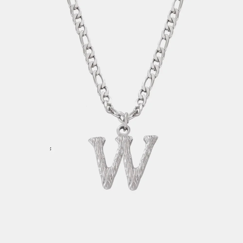 Textured initial pendant necklace in silver with a figaro chain, Style W