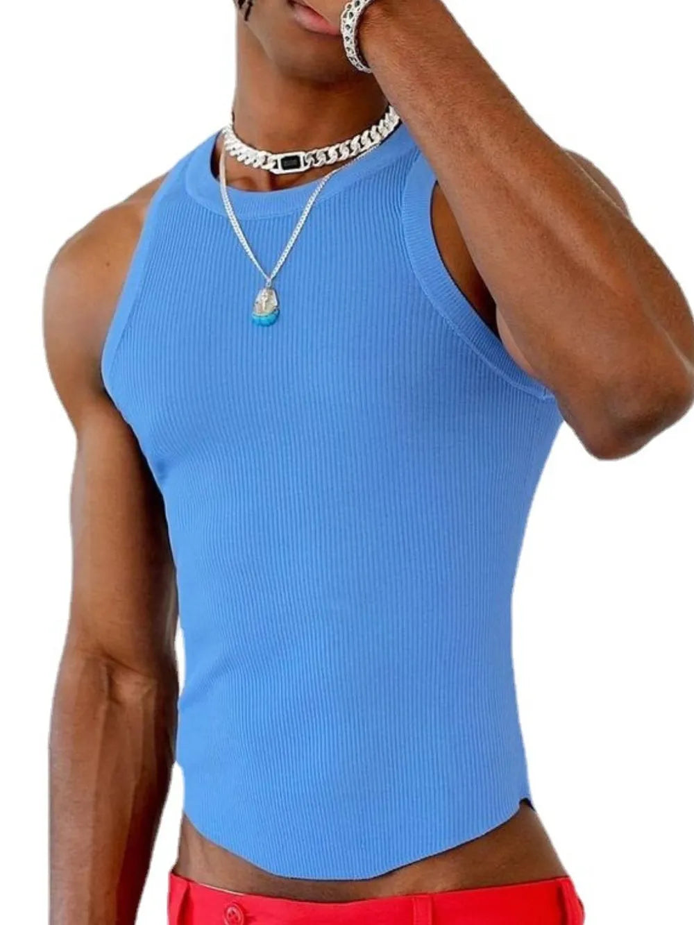 Blue ribbed tank top with asymmetric hem and crew neck.