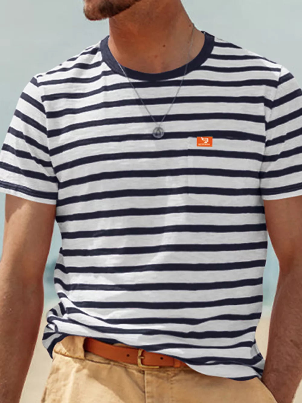 Men's Full Size Striped Pocket Short Sleeve T-shirt in Navy Blue, fit detail
