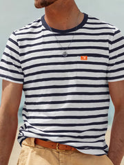 Men's Full Size Striped Pocket Short Sleeve T-shirt in Navy Blue, fit detail
