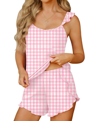Ruffled cami and shorts set in pink and white gingham with ruffle trim.
