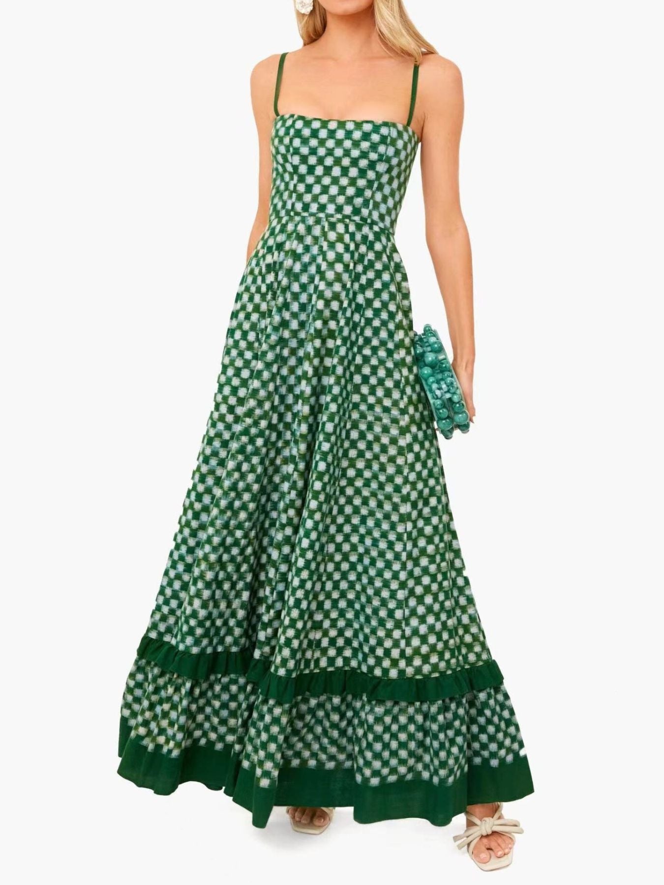 Green checkered maxi dress with spaghetti straps and tiered ruffled hem