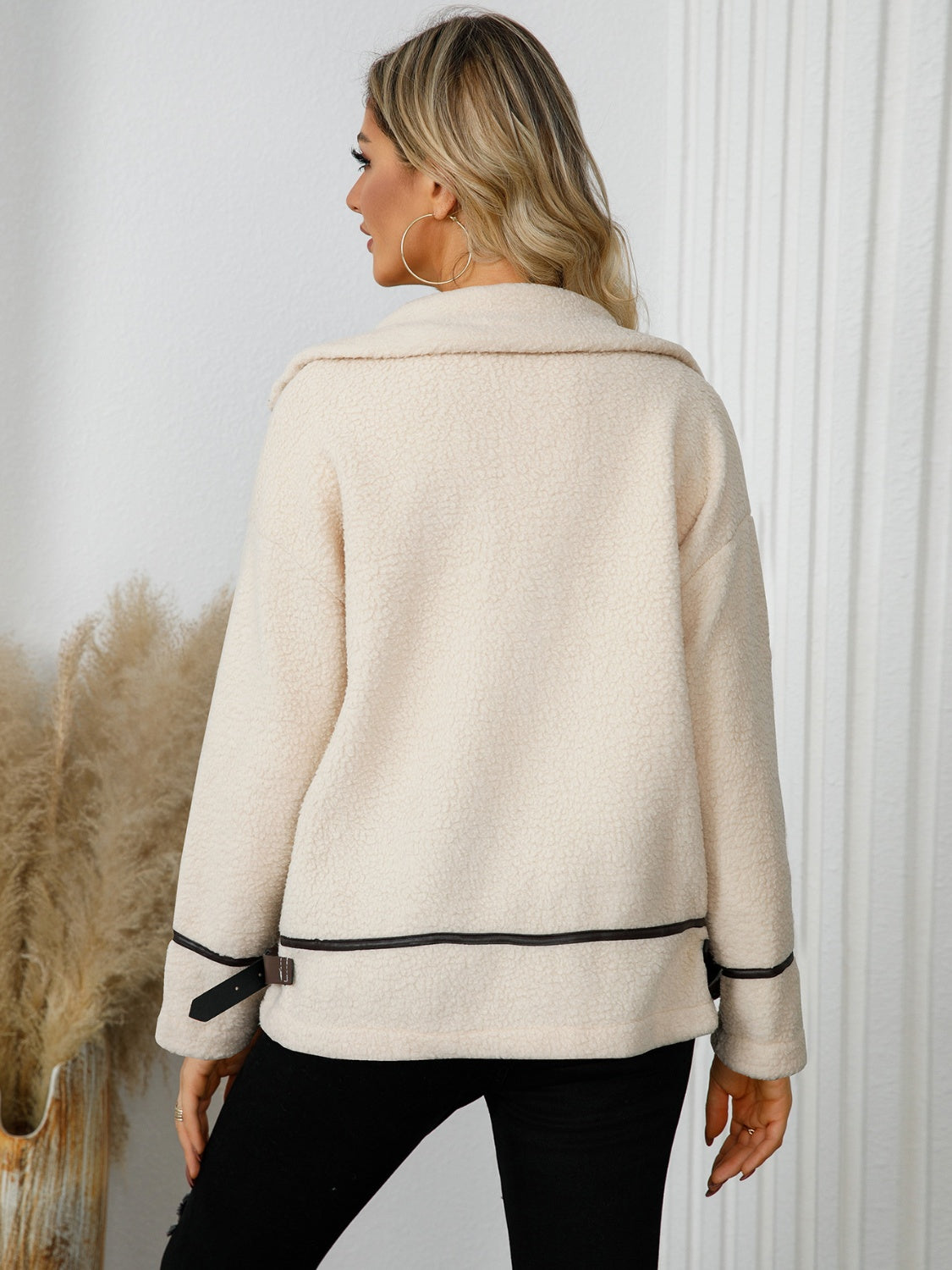 Teddy textured jacket in cream with leatherette trim and buckle detail