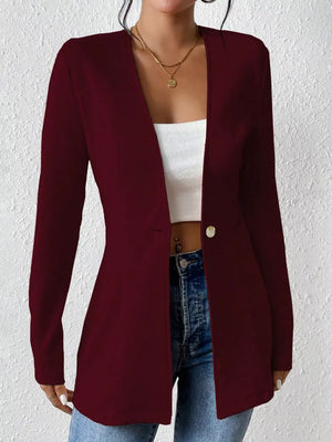 Wine red single-button blazer with a tailored fit and long sleeves, open front.