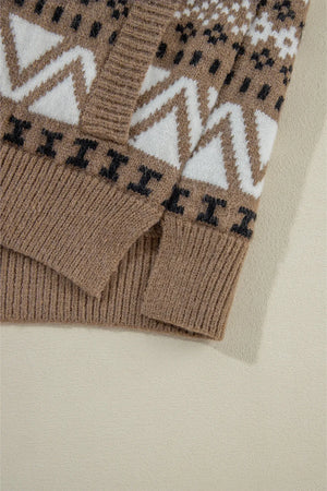 Taupe knit jacket with Fair Isle pattern, ribbed cuffs and collar detail.