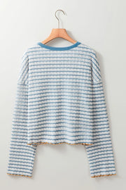 Textured stripe henley sweater in dusty blue with a crew neck and lettuce hem detail.