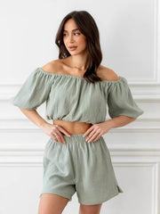Green cotton off-shoulder cropped top and shorts set with elastic waist shorts