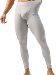 Gray compression tights with blue LION logo and contrast stitching.