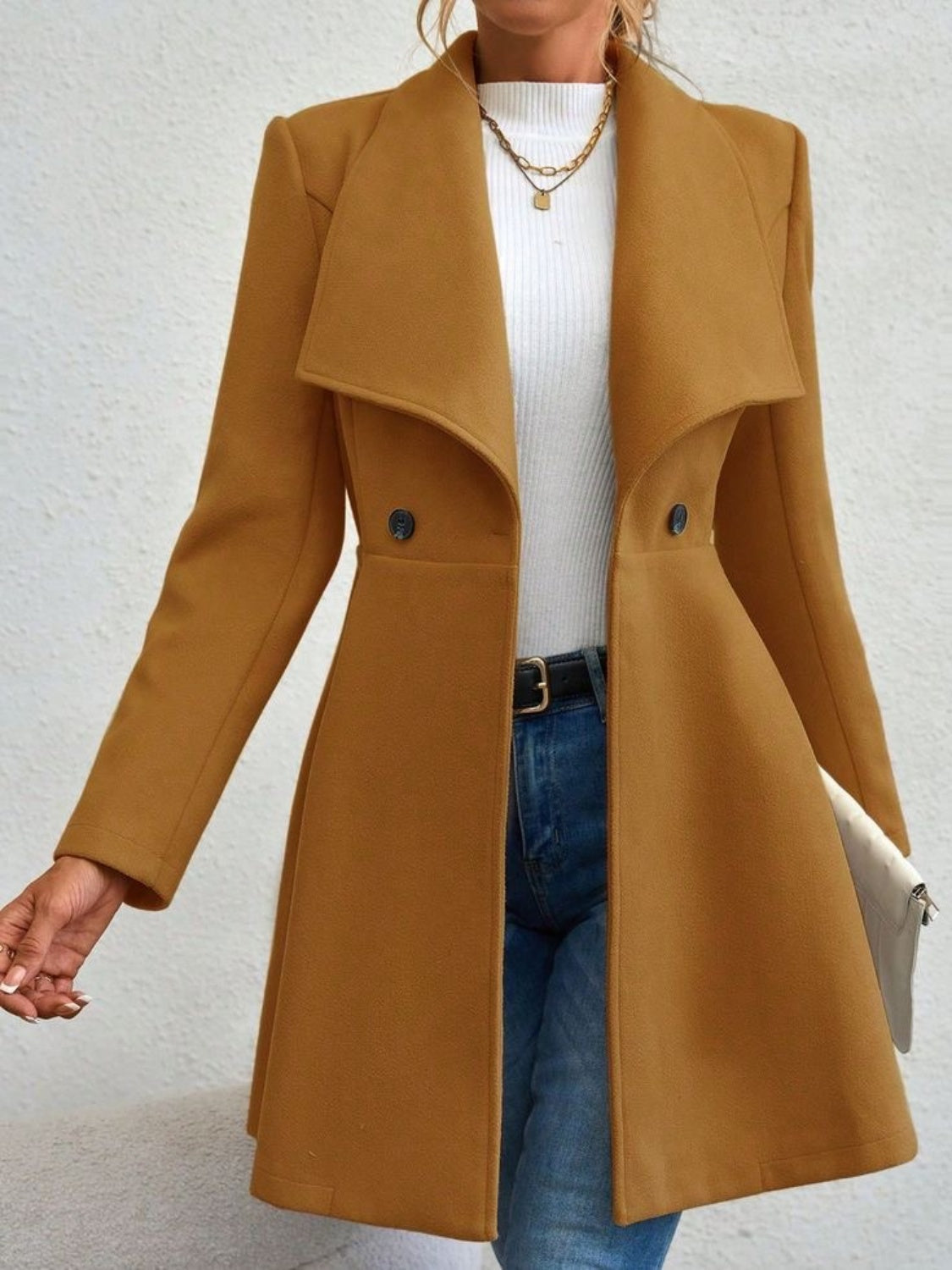Mustard draped collar flare-hem coat with double button closure and long sleeves.