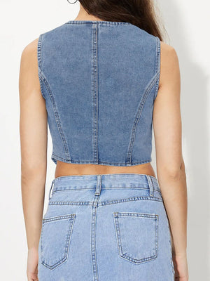 Light wash denim cropped bustier vest with button details and a fitted silhouette.