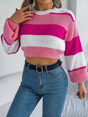 Striped crop knit sweater with balloon sleeves in pink, white, and hot pink acrylic.
