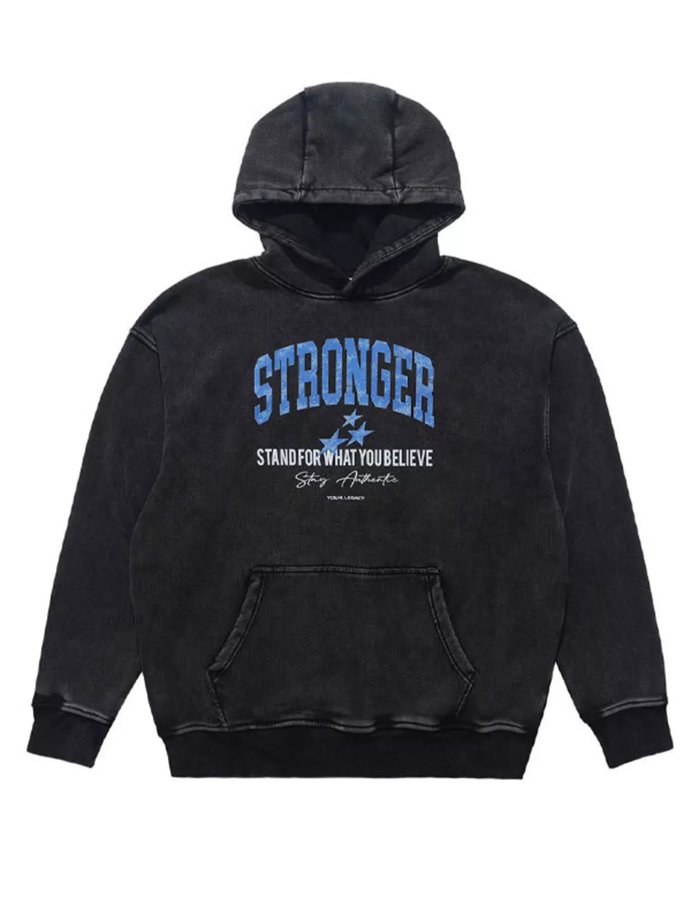 Faded charcoal cotton hoodie with blue "STRONGER" graphic and motivational text.