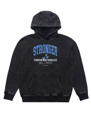 Faded charcoal cotton hoodie with blue "STRONGER" graphic and motivational text.